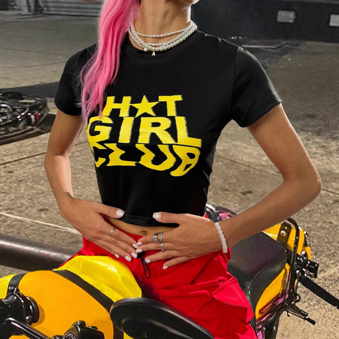 Damen Crop-T-Shirt mit auffälligem Schriftzug und figurbetontem Schnitt EB