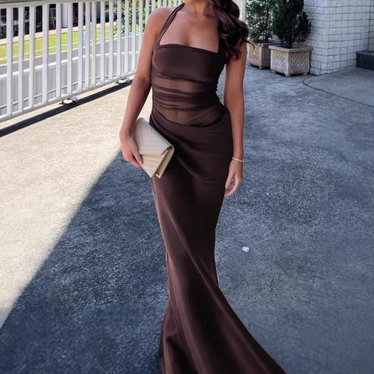 Damen Elegantes Maxikleid mit schulterfreiem Design und durchsichtigen Einsätzen EB
