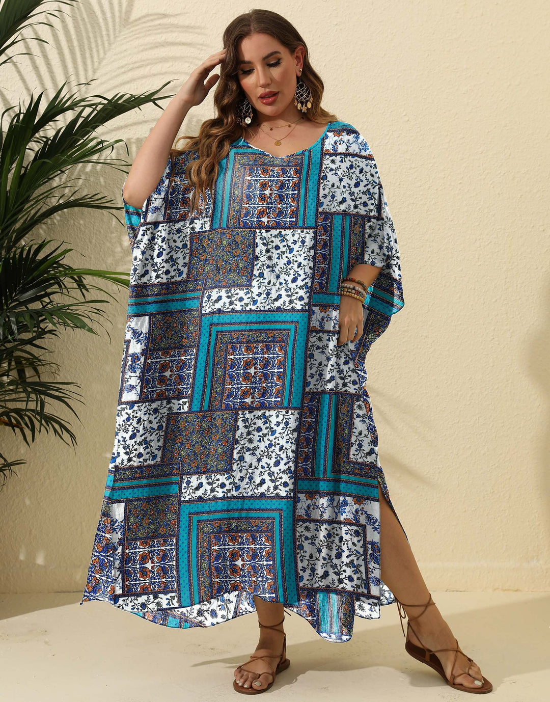Damen luftiges Maxikleid mit farbenfrohem Patchwork-Design EB