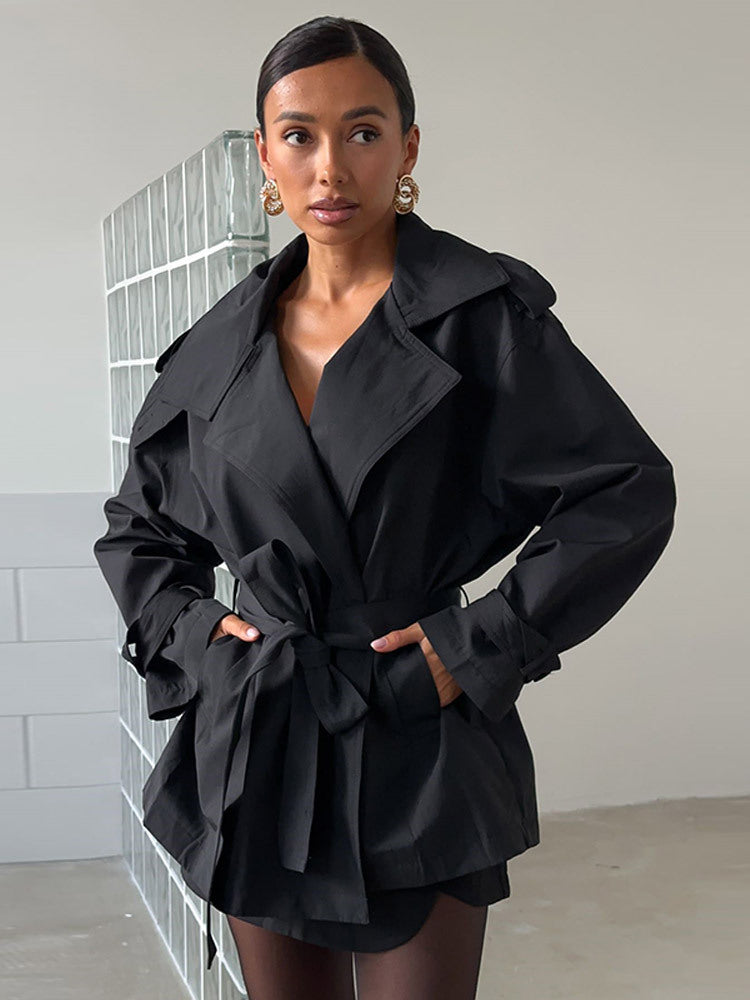 Damen Modische Kurztrenchjacke mit Taillenknoten und großzügigen Taschen EB