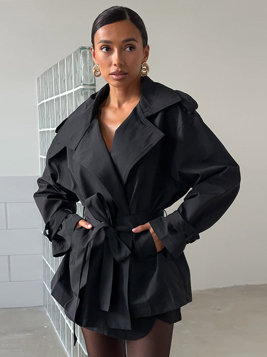 Damen Modische Kurztrenchjacke mit Taillenknoten und großzügigen Taschen EB