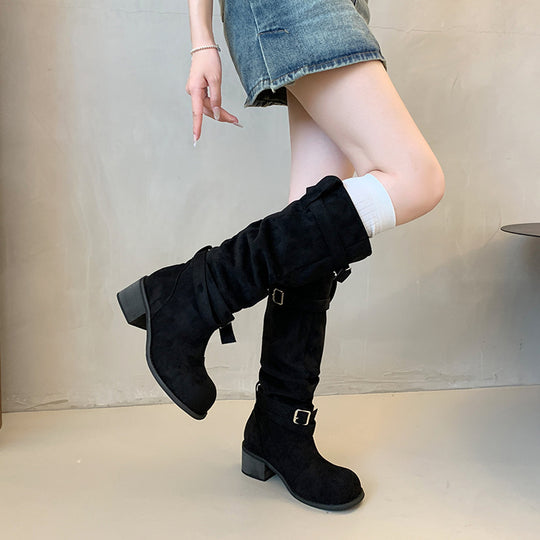 Damen hohe Stiefel mit modischen Schnallen und bequemem Blockabsatz EB