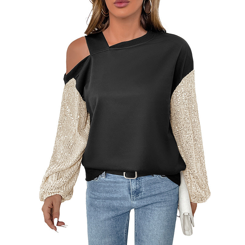 Damen Asymmetrisches Sweatshirt mit Schulterauschnitt und Paillettenstrickärmeln EB