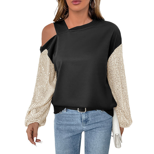 Damen Asymmetrisches Sweatshirt mit Schulterauschnitt und Paillettenstrickärmeln EB