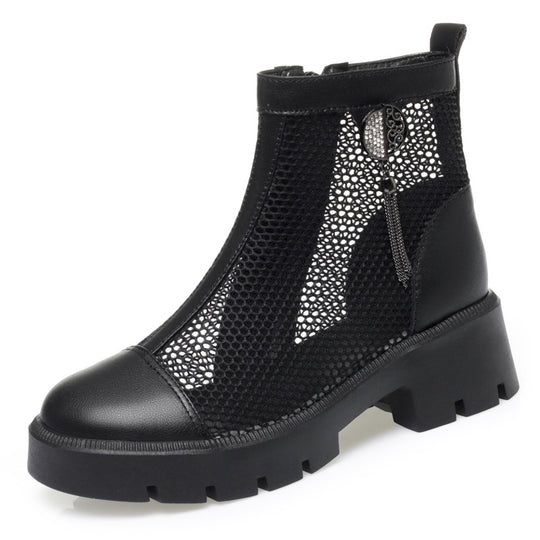 Damen Mesh-Stiefeletten mit robustem Blockabsatz und elegantem Schmuckdetail EB