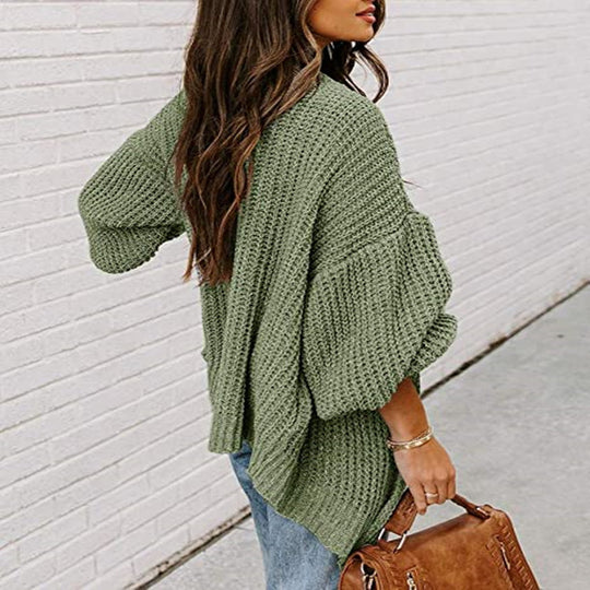 Damen oversized Strickpullover mit tiefem V-Ausschnitt und lässigen Ärmel EB