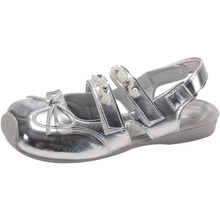 Damen elegante Ballerina-Schuhe mit glänzender Oberfläche und dekorativen Perlen EB