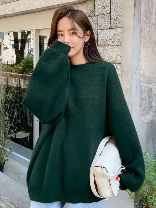 Damen oversized Strickpullover mit Rundhalsausschnitt und breiten Ärmeln EB