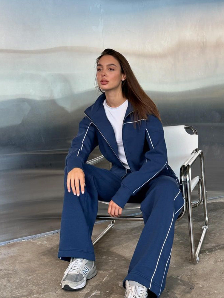 Damen nan zweiteiliges Sport-Loungewear-Set mit Stehkragen und Kontrastpaspel EB