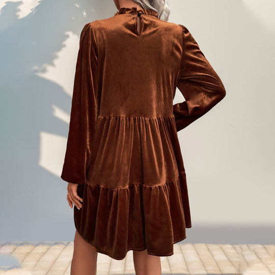 Damen Velours Kleid mit hochgeschlossenem Kragen und voluminösem Rock EB
