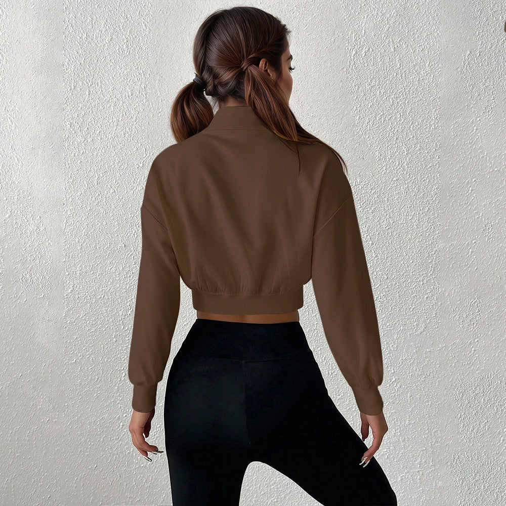 Damen kurzes Stehkragen-Sweatshirt mit halbem Reißverschluss, tailliertem Rippenbund und Daumenloch-Ärmeln Eichborn Berlin