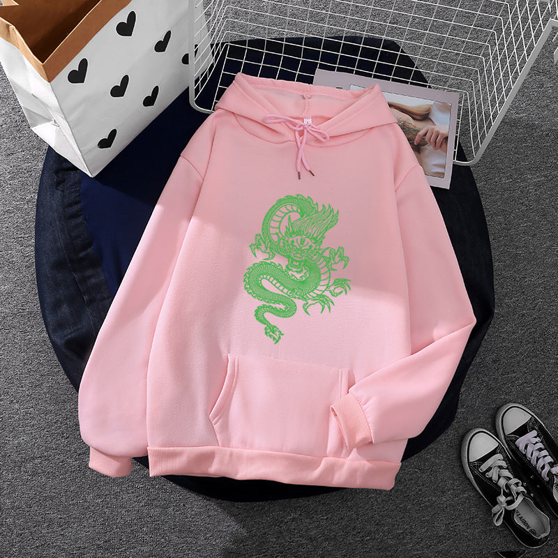 Unisex nan Kapuzenpullover mit detailreichem Drachenmotiv, Oversize‑Schnitt und Kängurutasche EB