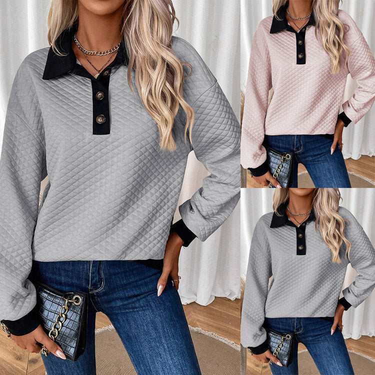 Damen oversized Stepp-Pullover mit klassischem Kragen und praktischen Knopfdetails EB