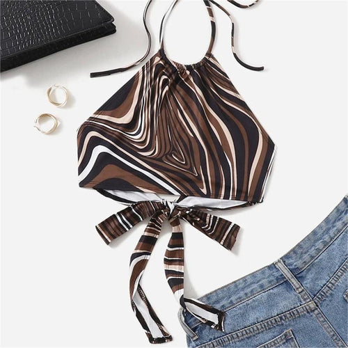 Damen trendiges Halter-Top mit elegantem Wickel-Design und grafischem Print EB