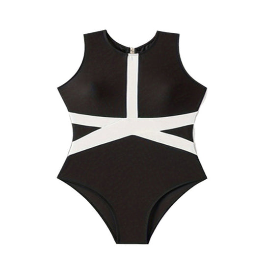Damen Einteiler Badeanzug mit sportlichem Reißverschluss und trendigem grafischen Design EB