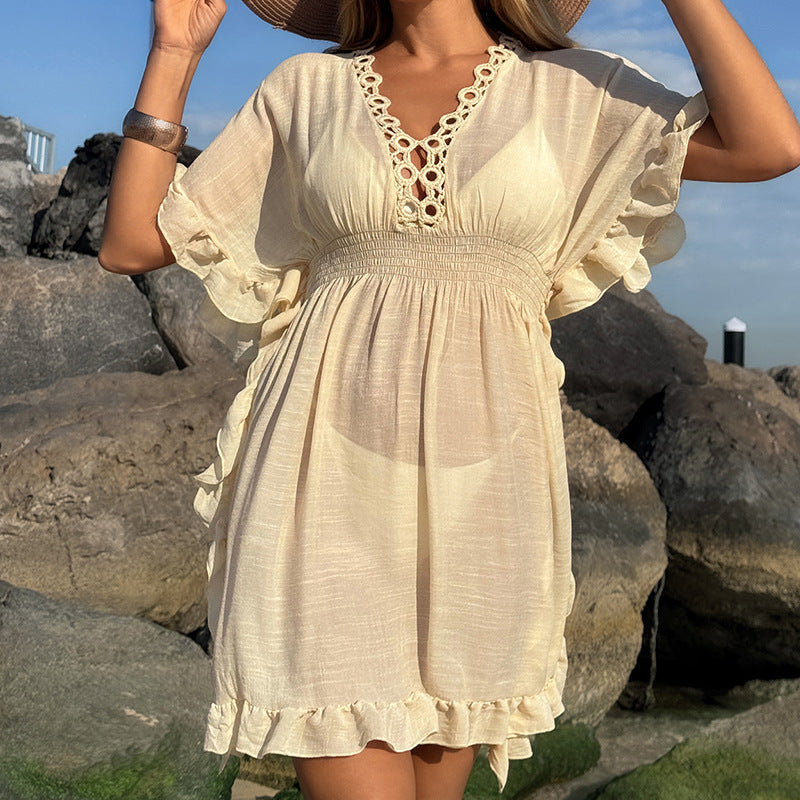 Damen luftiges Strandkleid mit Rüschendetails und vorteilhafter Schärpe EB