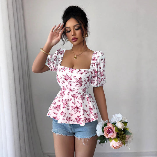 Damen Peplum-Bluse mit Puffärmeln und floralem Design EB