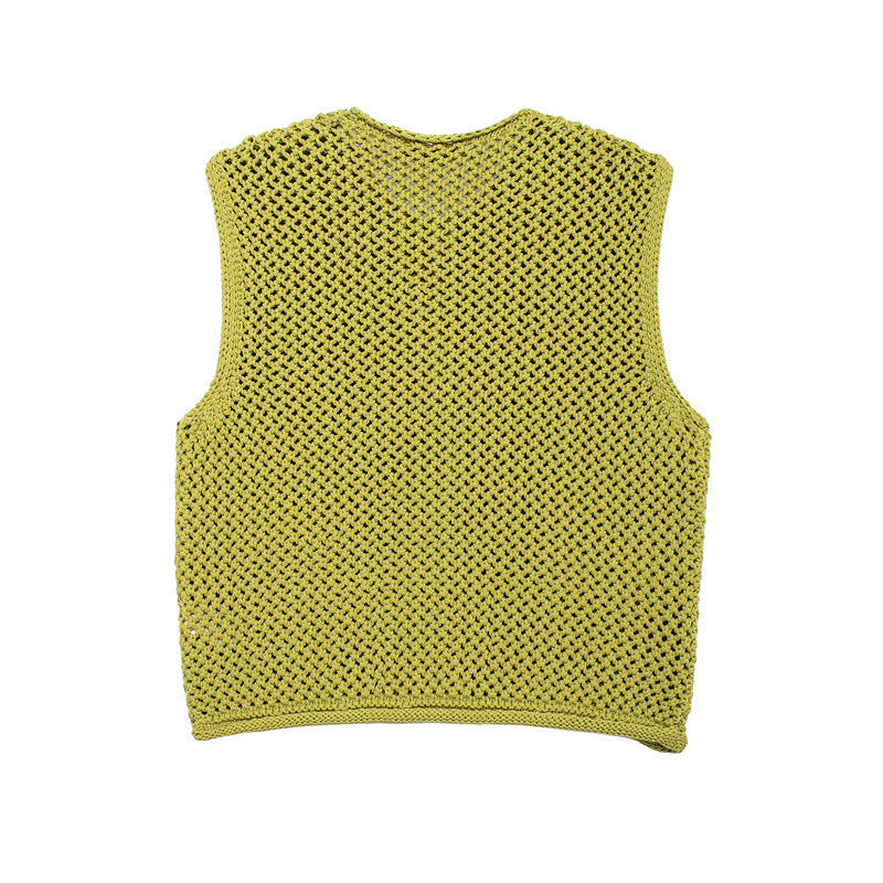 Damen gehäkelte Strickweste mit großen Zierknöpfen und Aufsatztaschen EB