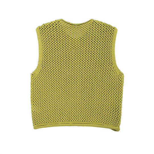 Damen gehäkelte Strickweste mit großen Zierknöpfen und Aufsatztaschen EB