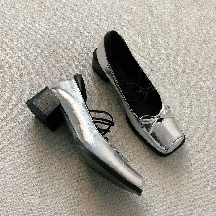 Damen elegante Ballerinas mit moderner Metalloberfläche und bequemem Blockabsatz EB