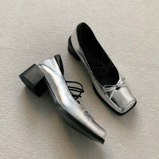 Damen elegante Ballerinas mit moderner Metalloberfläche und bequemem Blockabsatz EB