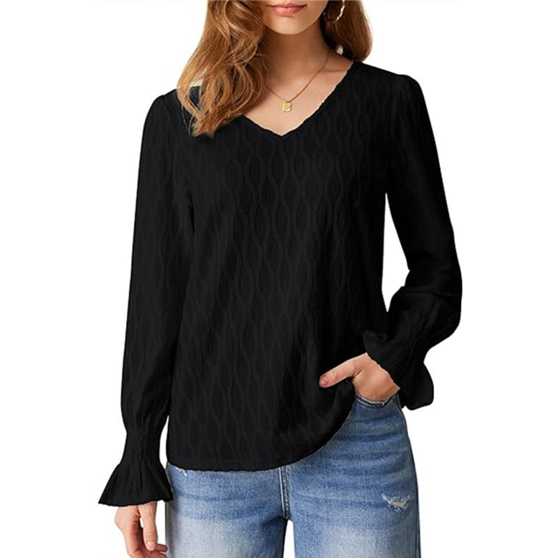 Damen modische V-Ausschnitt Bluse mit raffinierten Rüschendetails EB