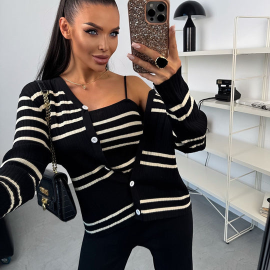 Damen Strick-Loungewear-Set aus Feinripp mit Button-Cardigan, Spaghetti-Top und weitem Jogger EB
