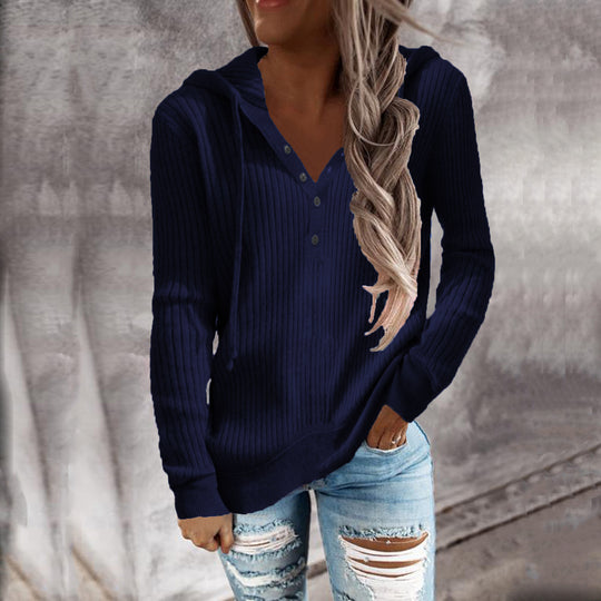 Damen Kapuzenpullover mit feinem Rippstrick und Knopfleiste EB