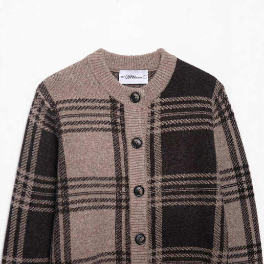 Damen kariertes Strickjacke mit Knopfleiste und weichem Material EB