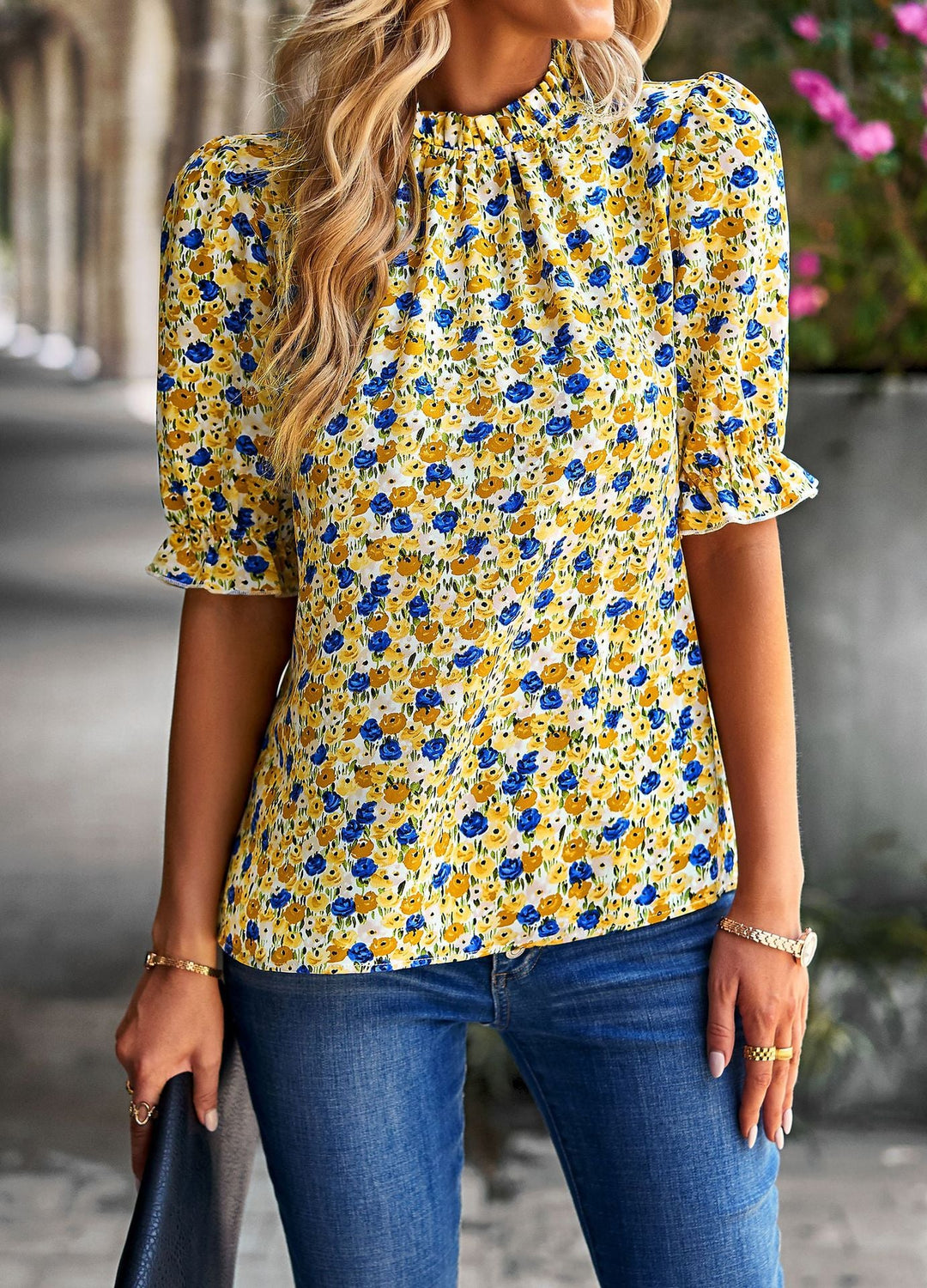 Damen Bluse mit Verspieltem Blumendesign und Puffärmeln EB