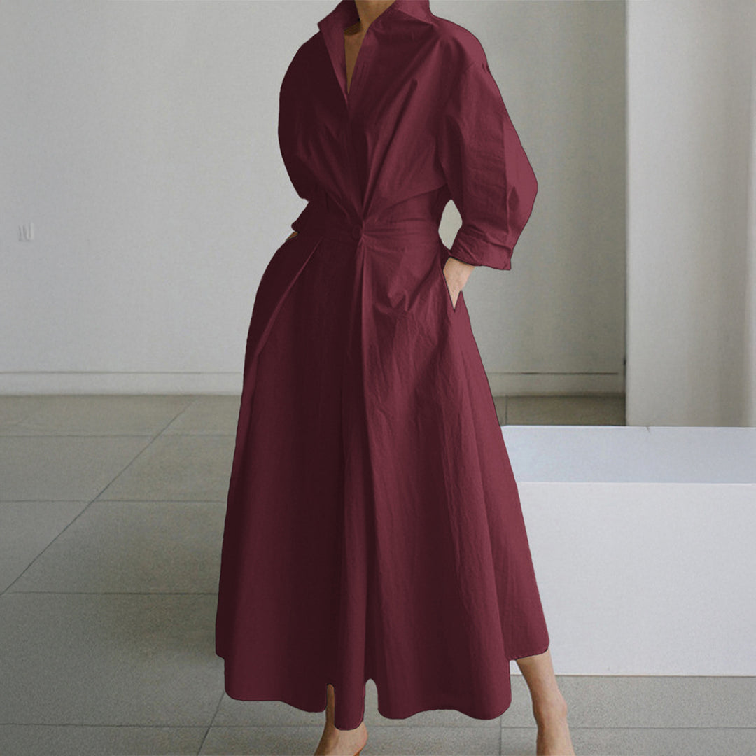Damen nan tailliertes Hemdblusenkleid mit kastigem Kragen, mittellangen Ärmeln, Seitentaschen und ausgestelltem Tellerrock EB