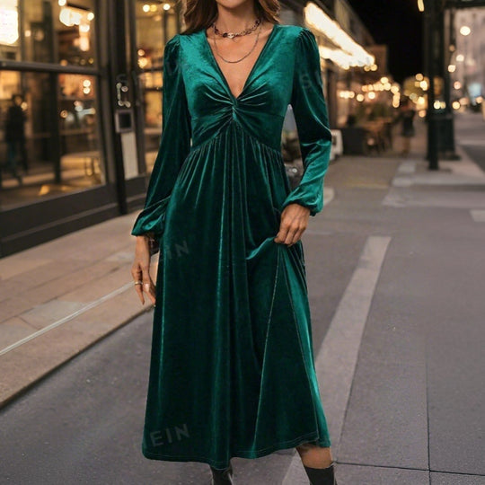 Damen Midikleid aus Samt mit gedrehtem Bustier und schwingendem Tellerrock Eichborn Berlin