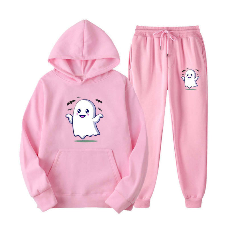 Unisex nan kuscheliger Kapuzenpullover und Jogginghose Set mit Halloween-Geistprint EB