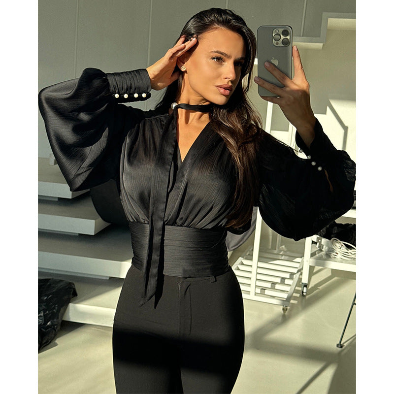 Damen elegantes Blusenoberteil mit weiten Ärmeln und Bindegürtel EB