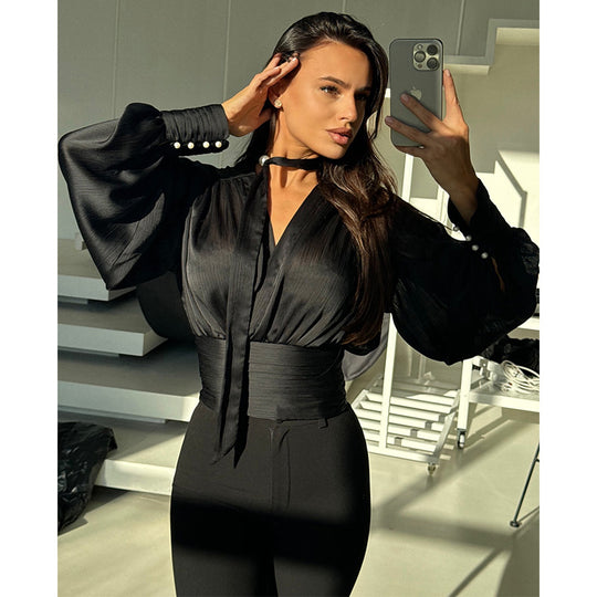 Damen elegantes Blusenoberteil mit weiten Ärmeln und Bindegürtel EB