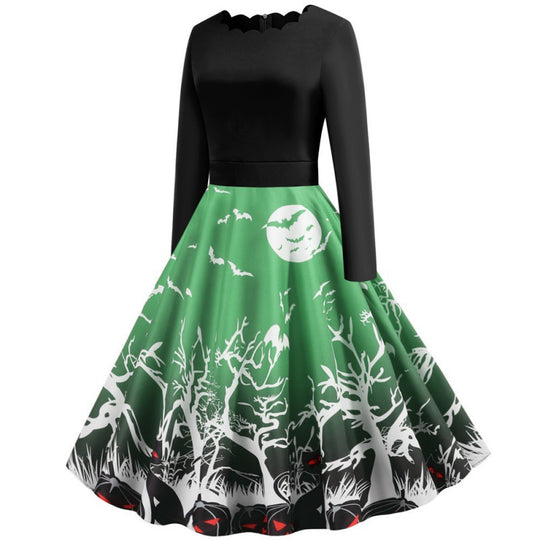 Damen Vintage Swingkleid mit gewelltem Ausschnitt, tailliertem Oberteil und Halloween-Print EB