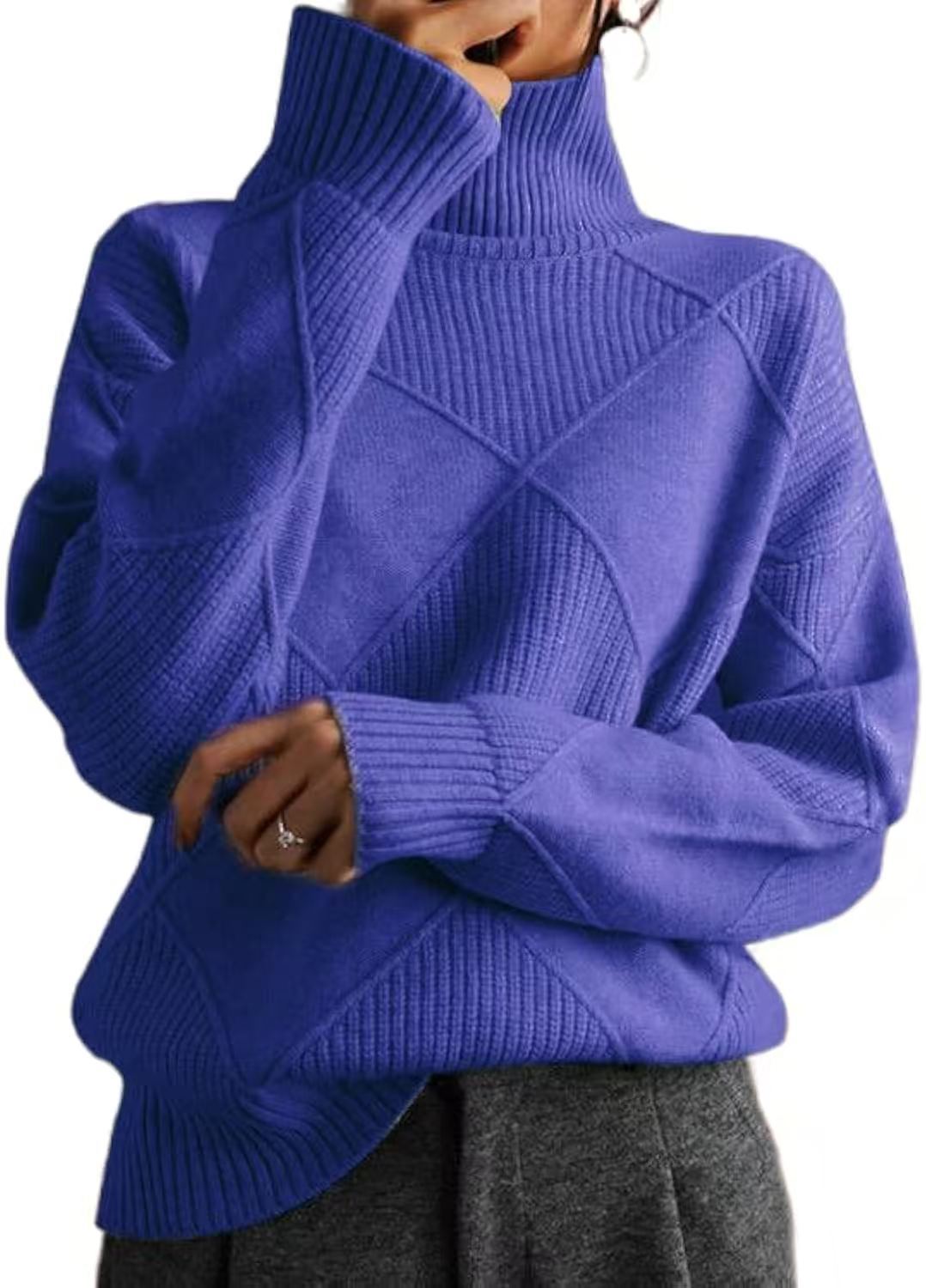 Damen hochwertiger Strickpullover mit stehendem Kragen und extravagantem Rautenmuster EB