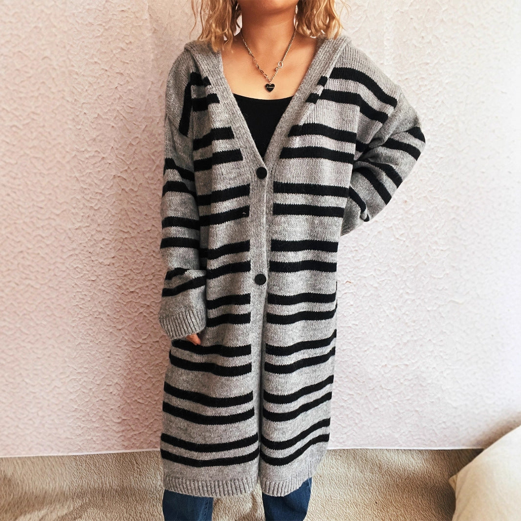 Damen gemütlicher Strickcardigan mit modischem Streifenmuster und Kapuze EB