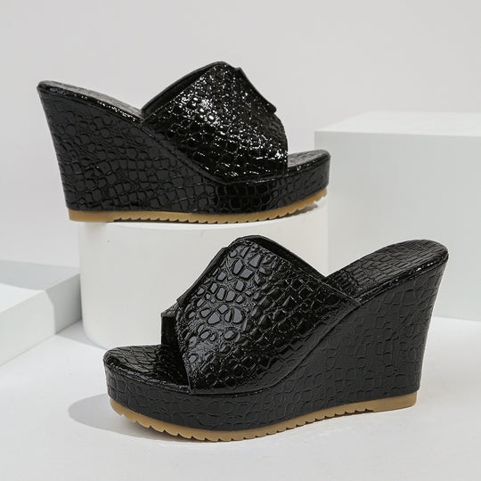 Damen Wedge-Pantoletten mit glänzender Krokodilleder-Optik EB