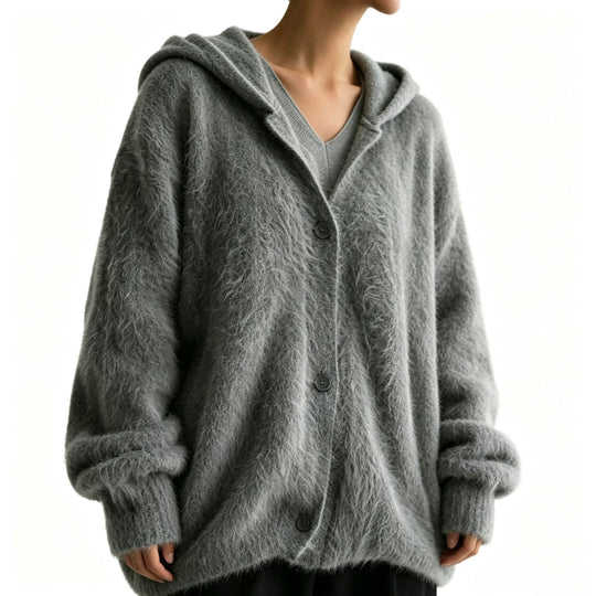 Damen Flauschiger Kapuzen-Cardigan im Mohair-Look mit Knopfleiste EB
