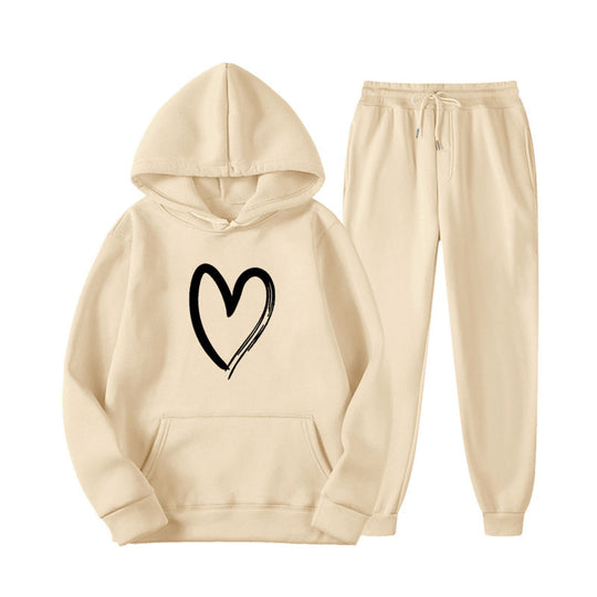 Damen Sweatsuit mit Kängurutasche und herzförmigem Print EB