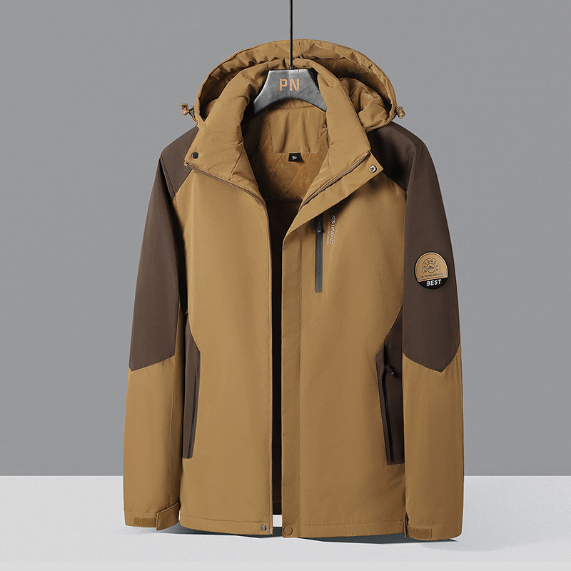 Herren zweifarbige Softshell-Outdoorjacke mit winddichter Membran, verstellbarer Kapuze und verdeckter Brusttasche EB