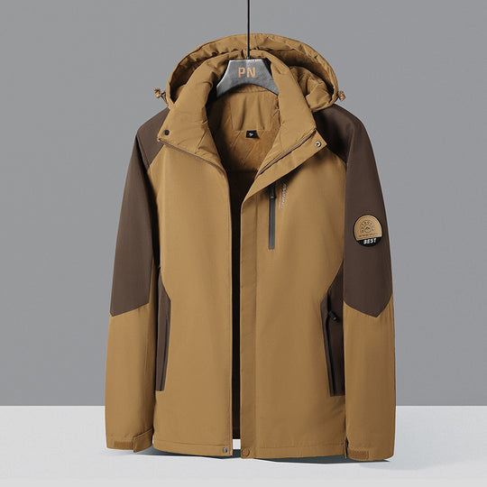 Herren zweifarbige Softshell-Outdoorjacke mit winddichter Membran, verstellbarer Kapuze und verdeckter Brusttasche EB