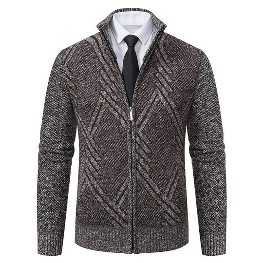 Herren elegante Strickjacke mit strukturiertem Zopfmuster und hochschließendem Kragen EB