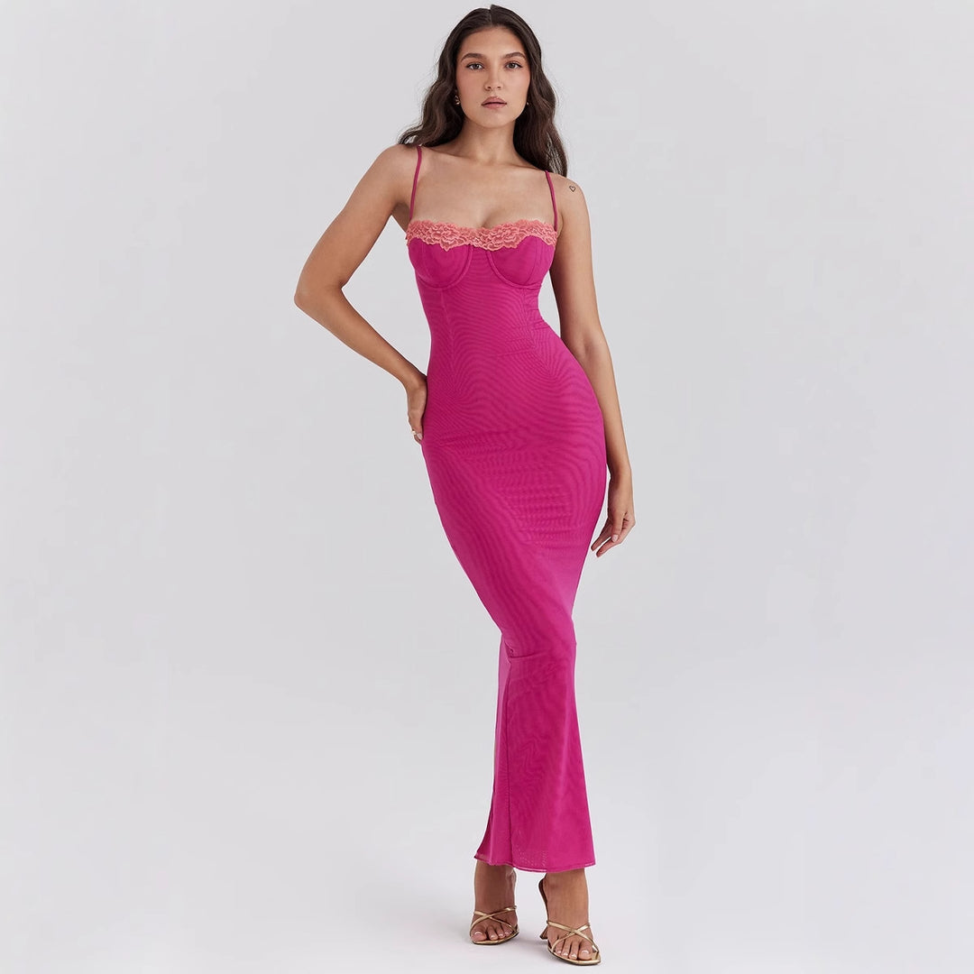 Damen figurbetontes Maxikleid mit transparentem Saum und romantischem Spitzenakzent EB