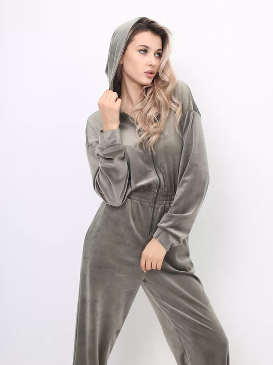 Damen Velours Jumpsuit mit Kapuze, Reißverschluss und tailliertem Gummibund EB