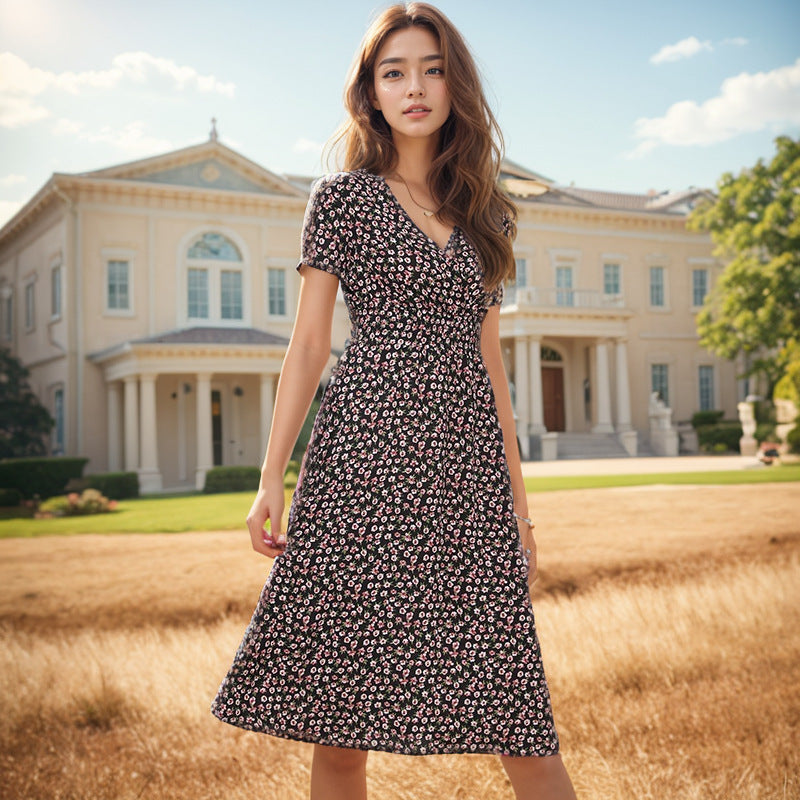 Damen Midi-Kleid mit floralem Muster und elegantem V-Ausschnitt EB
