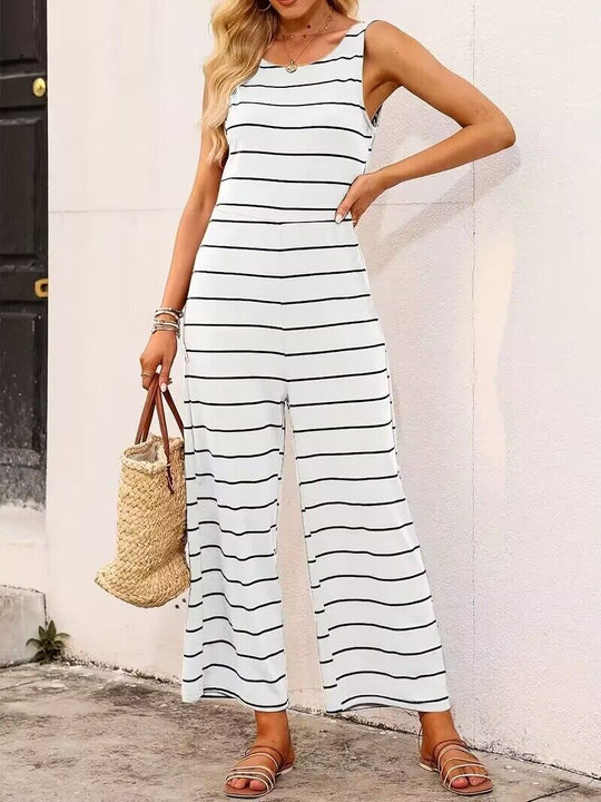 Damen lässiger Jumpsuit mit breitem Bein und maritimem Streifenmuster EB