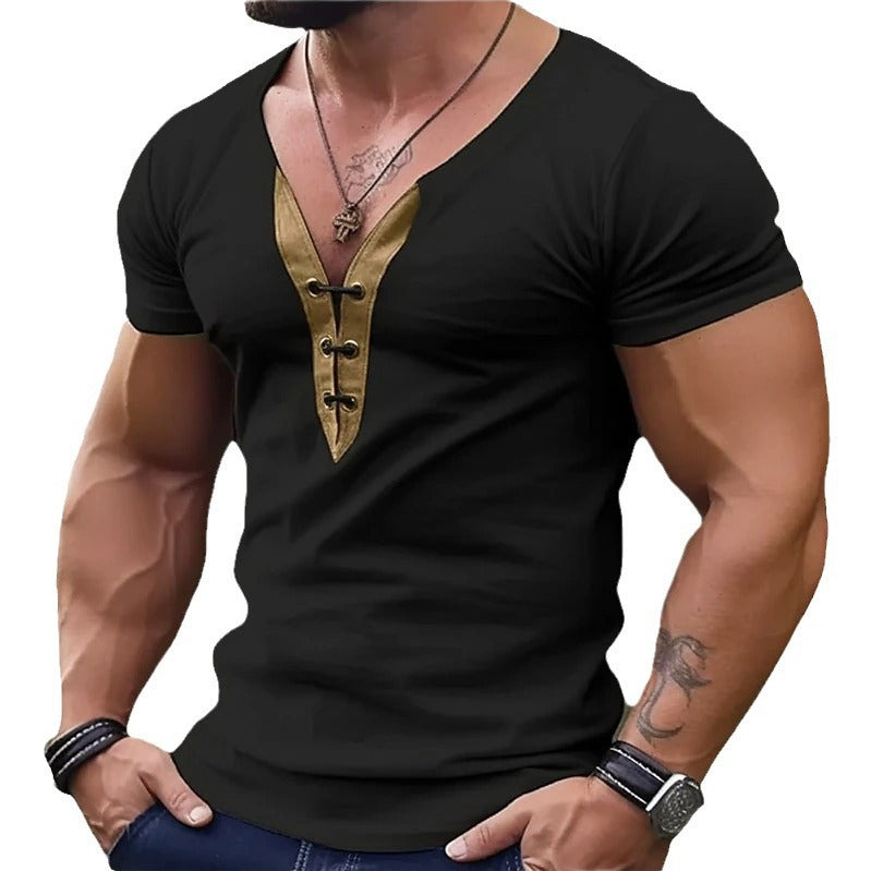 Herren trendiges V-Ausschnitt T-Shirt mit Knopfleiste EB