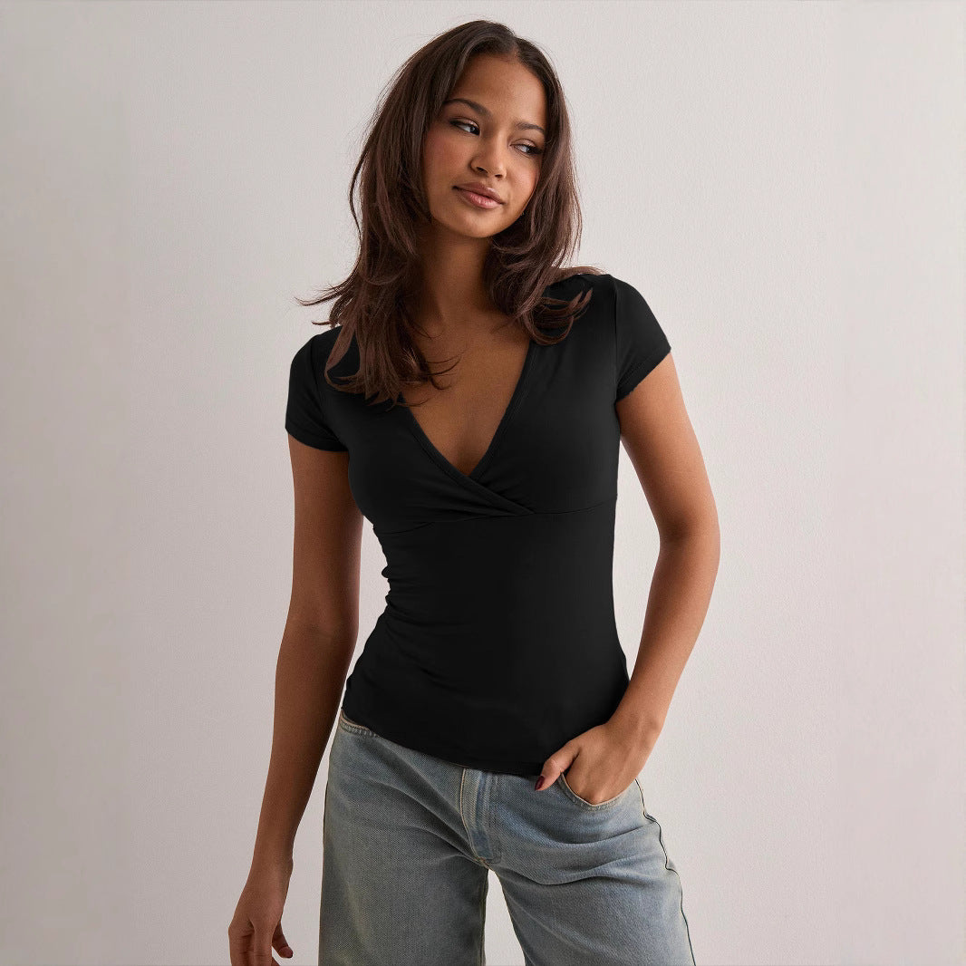 Damen Stilvolles Wickel V-Ausschnitt Top EB